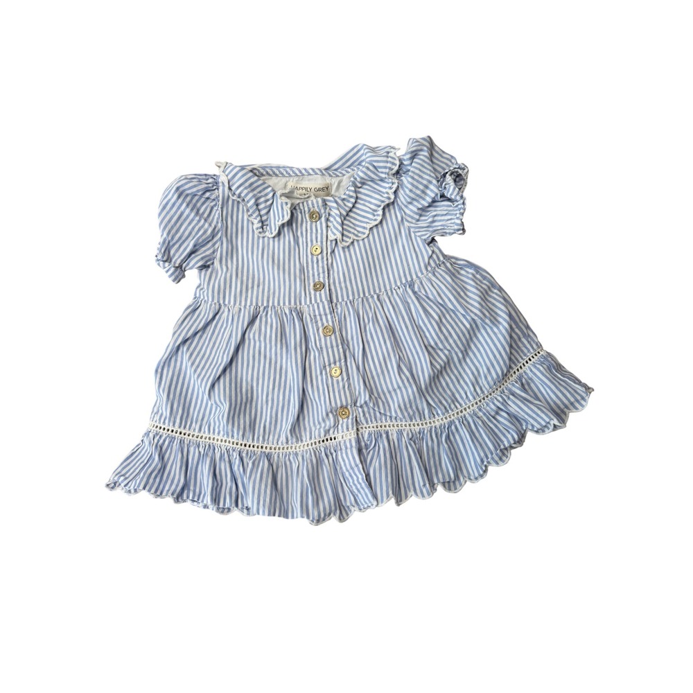Happily Grey Kids Blue White Striped Scalloped Collar Eyelet Dress 18M